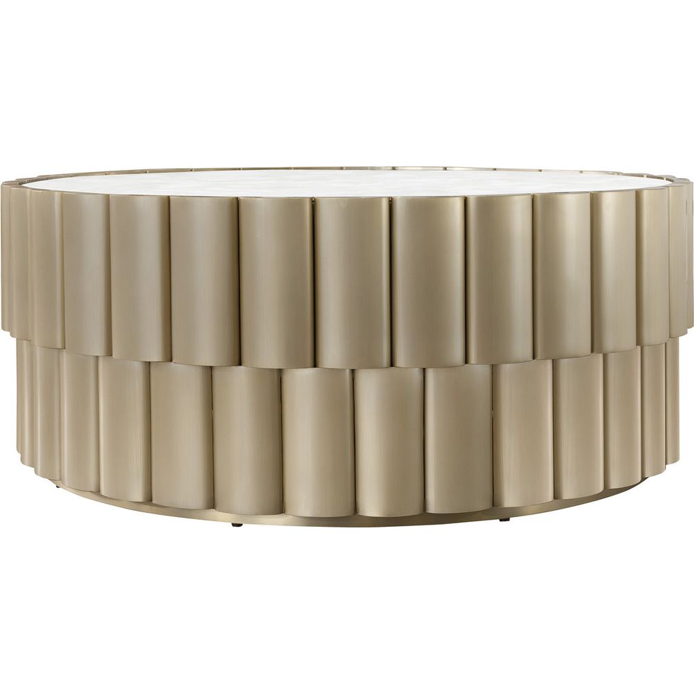 Melange Time Flies Cocktail Table, shown in champagne gold and white with metal, marble, and low cocktail height.