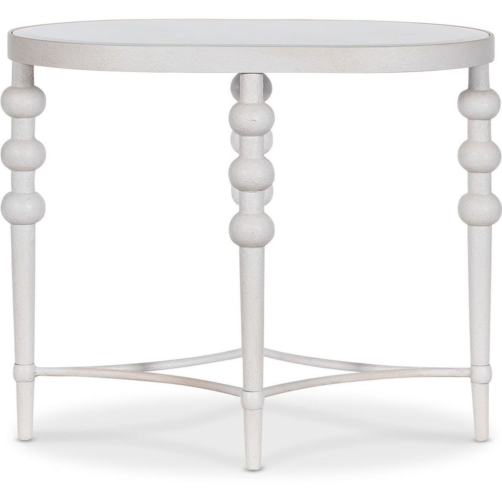 Melange On the Bright Side Oval End Table, shown in white and off-white with wood, glass, and a oval glass-inset top.