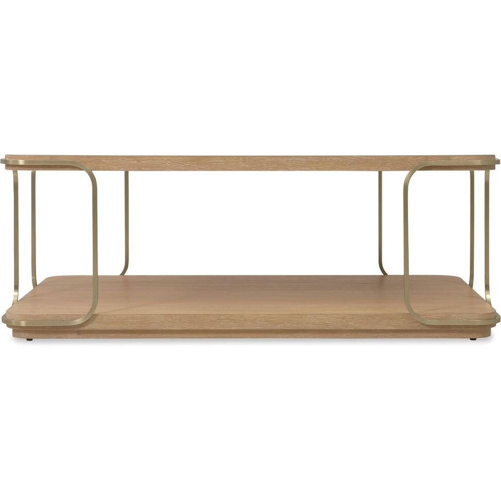Banyon Bay Rectangle Cocktail Table, shown in light natural oak and brushed brass gold with oak wood and metal.