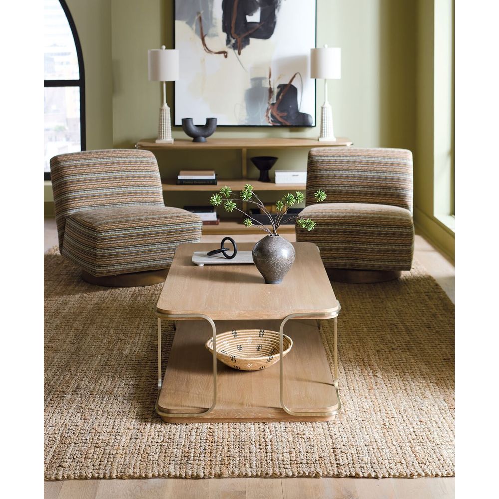 Alternate view of Banyon Bay Rectangle Cocktail Table, featuring oak wood, metal, and two-tier open shelving.