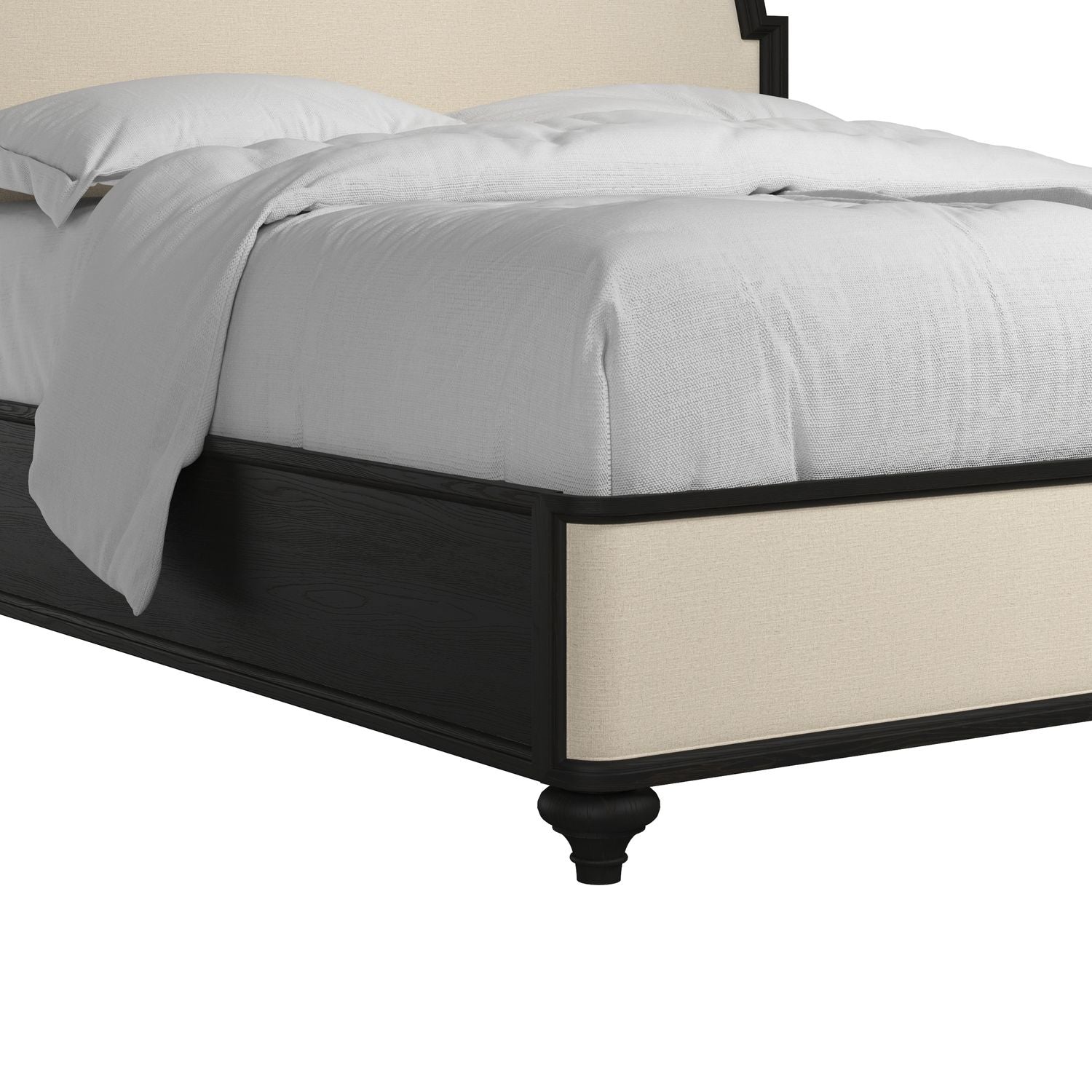 Atrium Upholstered King Bed — hand rubbed black with undertones of brown