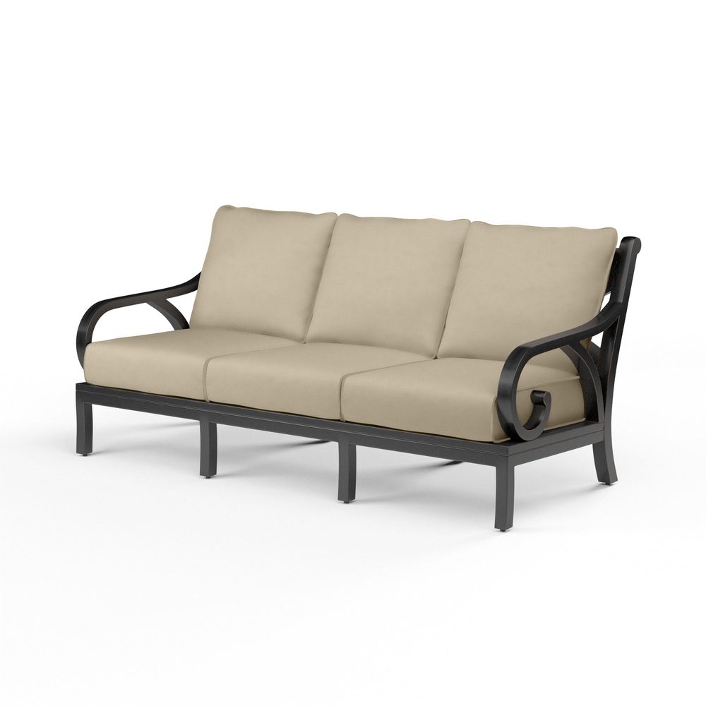 Monterey Sofa in Linen Stone w/ Selt Welt, shown in beige and black with aluminum, fabric, and removable cushions.