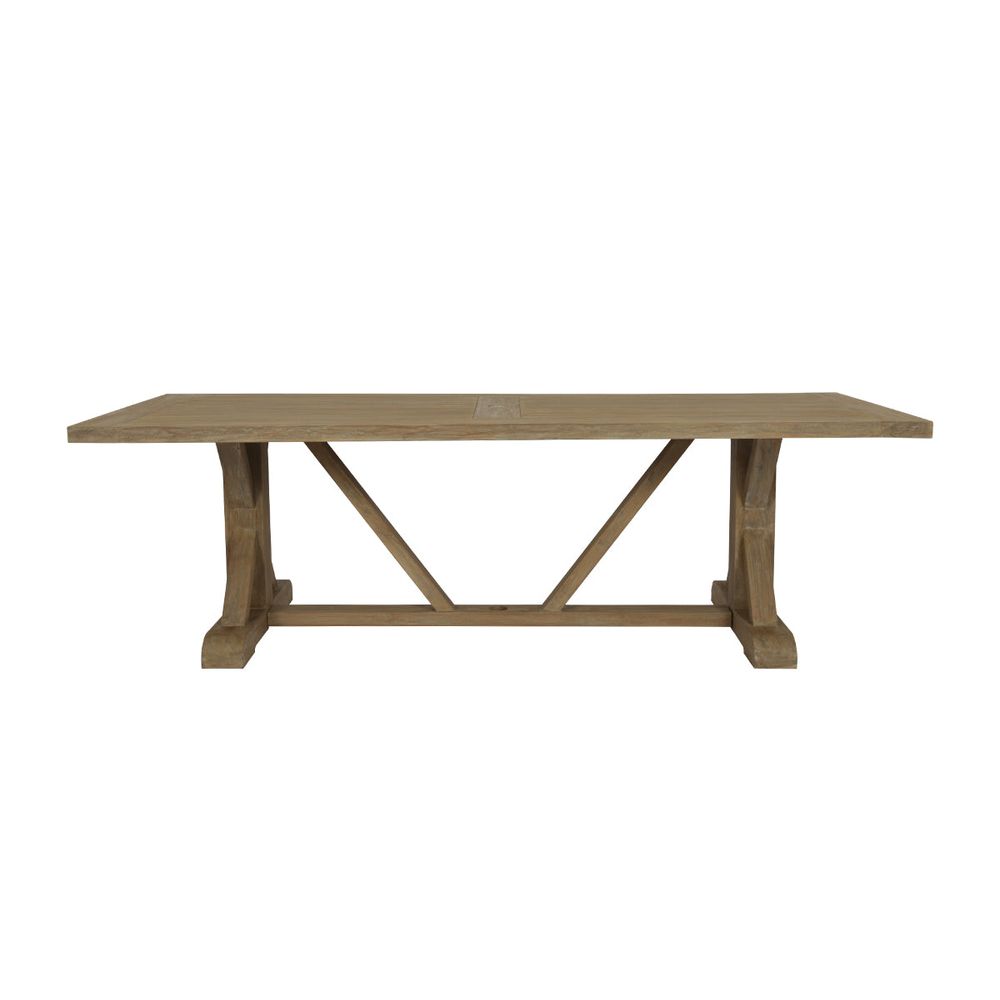 Alternate view of Coastal Teak 94" Trestle Dining Table in light natural teak brown and warm beige-tan.