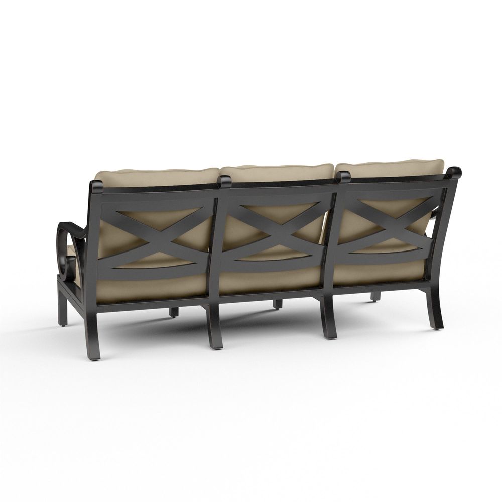 Additional view of Monterey Sofa in Linen Stone w/ Selt Welt, showing rectangular with scrolled arms in beige and black.