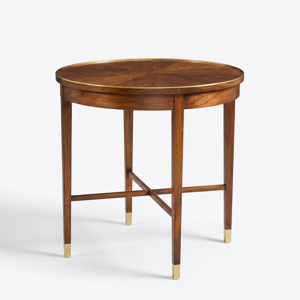 A round wooden end table with a warm medium-brown wood finish, featuring brass trim around the tabletop and brass caps on the legs, set against a plain light gray background.