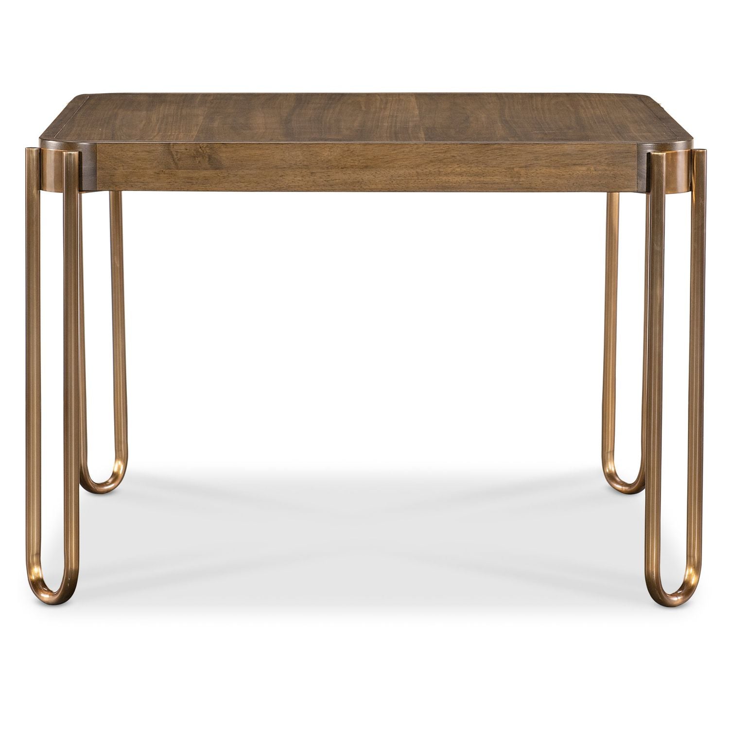Alternate view of Commerce and Market Walnut and Dine Dining Table, featuring wood, metal, and a open u-loop metal leg base.