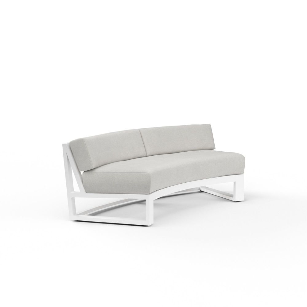 Newport Curved Sofa in Cast Silver, No Welt, shown in light grey and white with aluminum, outdoor fabric, and a curved frame.