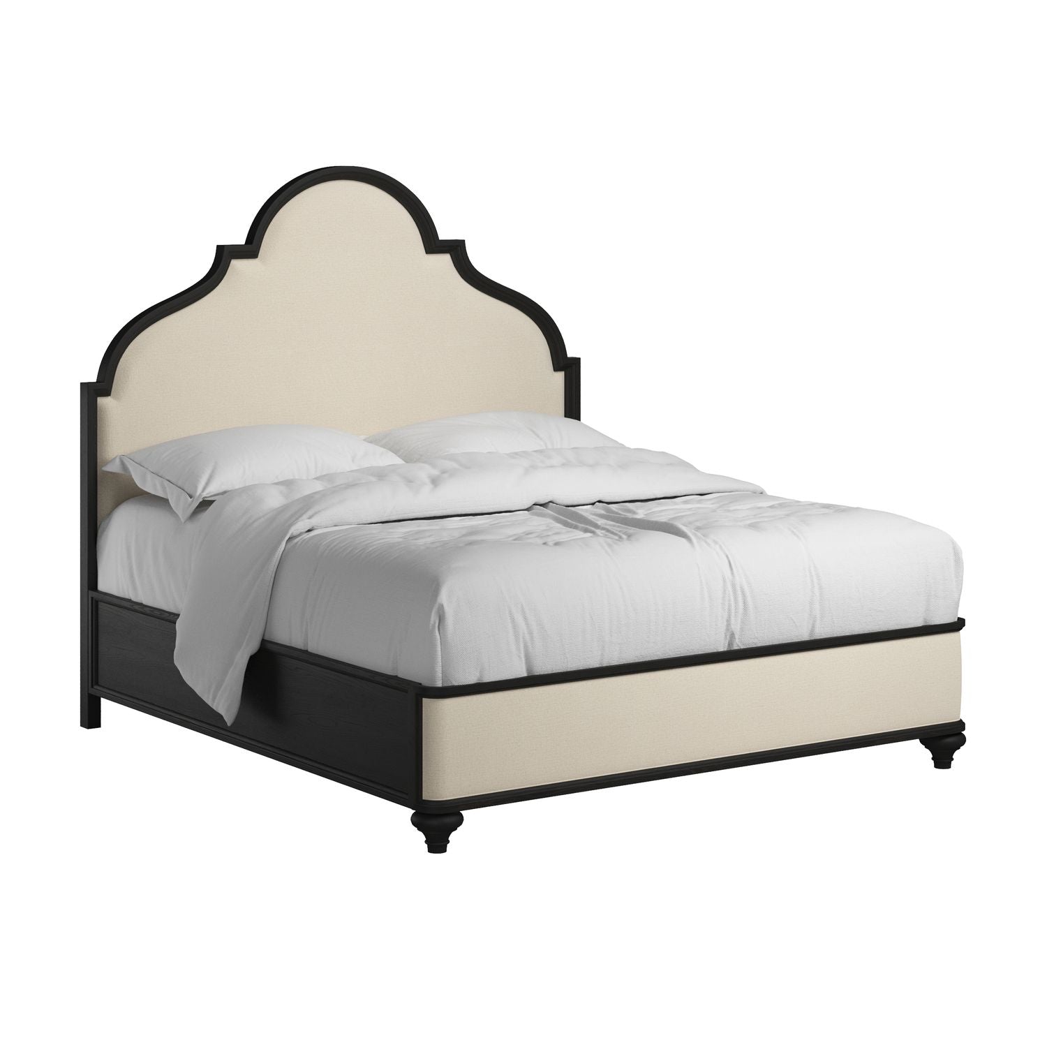 Atrium Upholstered King Bed — hand rubbed black with undertones of brown