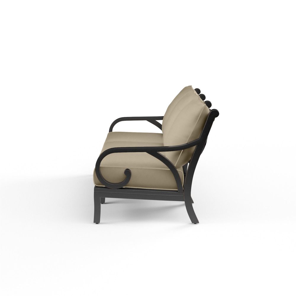 Alternate view of Monterey Sofa in Linen Stone w/ Selt Welt in beige and black with rectangular with scrolled arms.