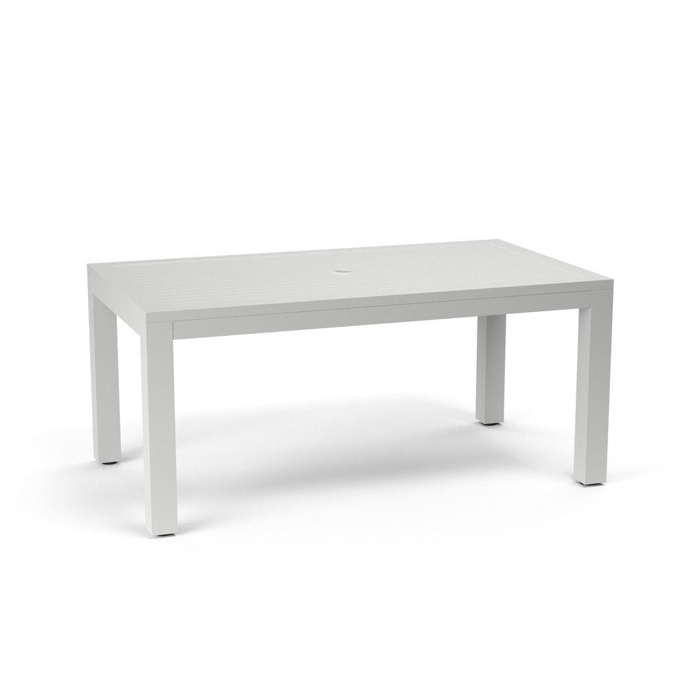 Naples Rectangular 36 x 64 Dining Table, shown in white and off-white with aluminum, metal, and central umbrella hole.