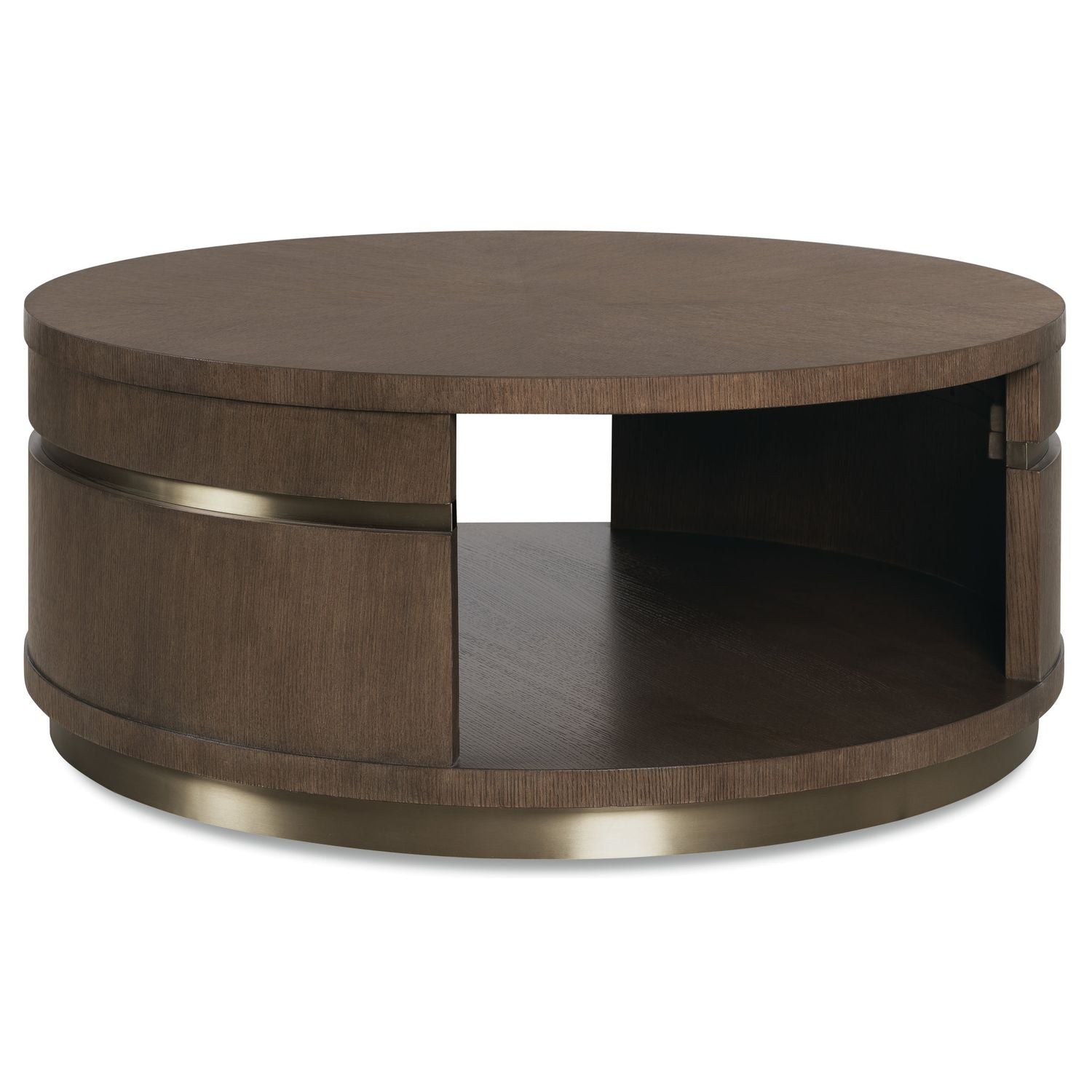 Commerce and Market Roll With It Round Cocktail Table, shown in medium brown and warm taupe brown with wood and metal.