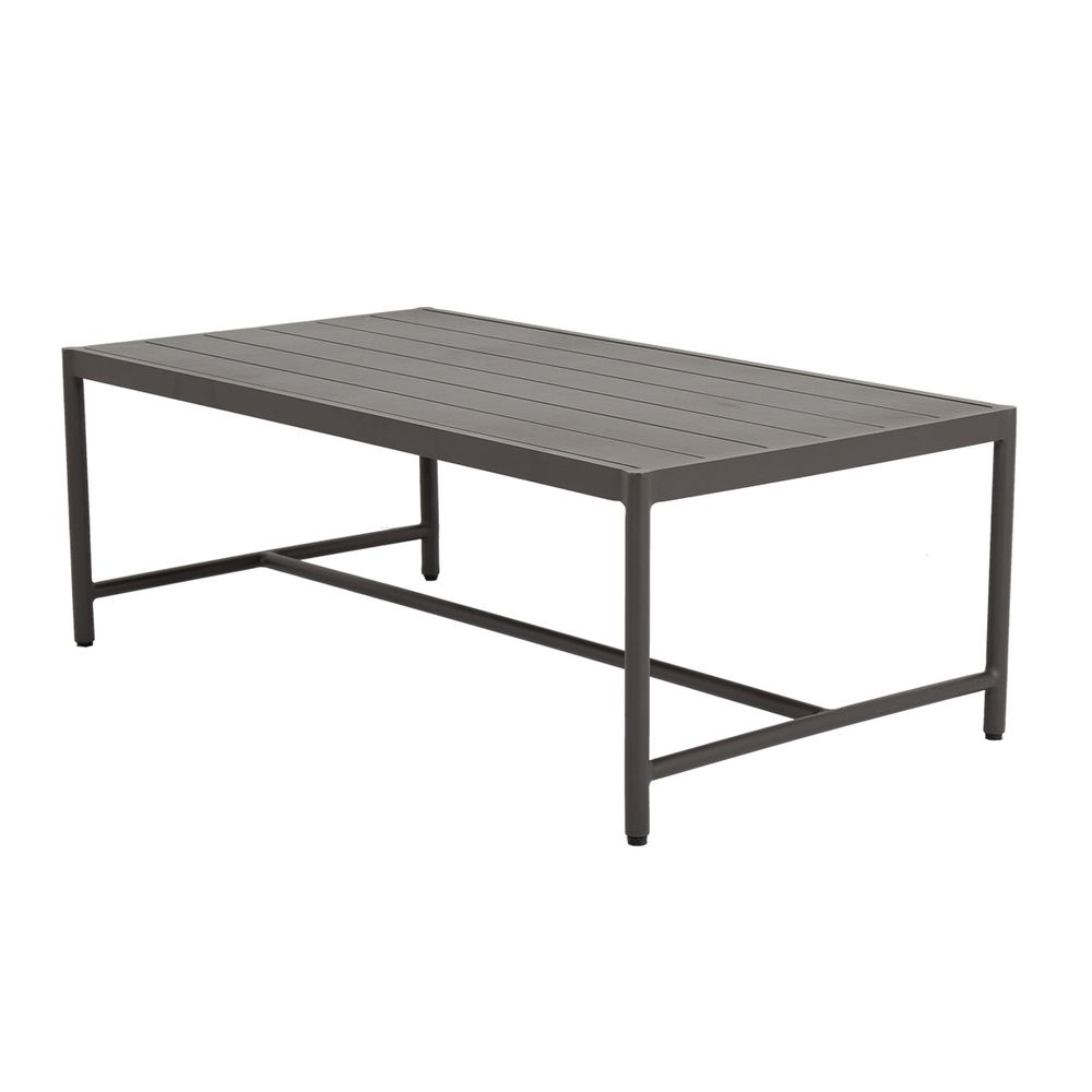Pietra Outdoor Coffee Table, shown in charcoal gray and dark taupe with metal, aluminum, and slatted tabletop for drainage.