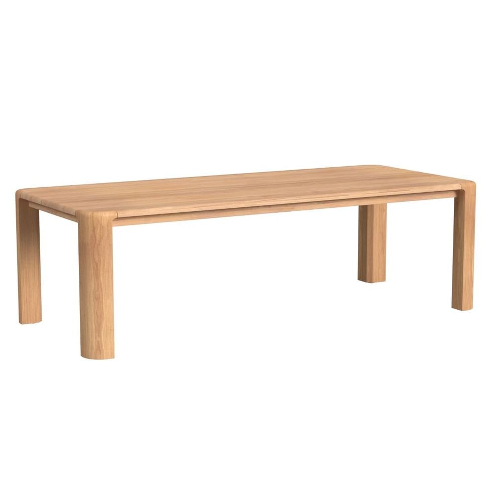 Natural Teak 96" Dining Table, shown in natural light teak and warm tan with solid teak wood and fixed four-leg base.