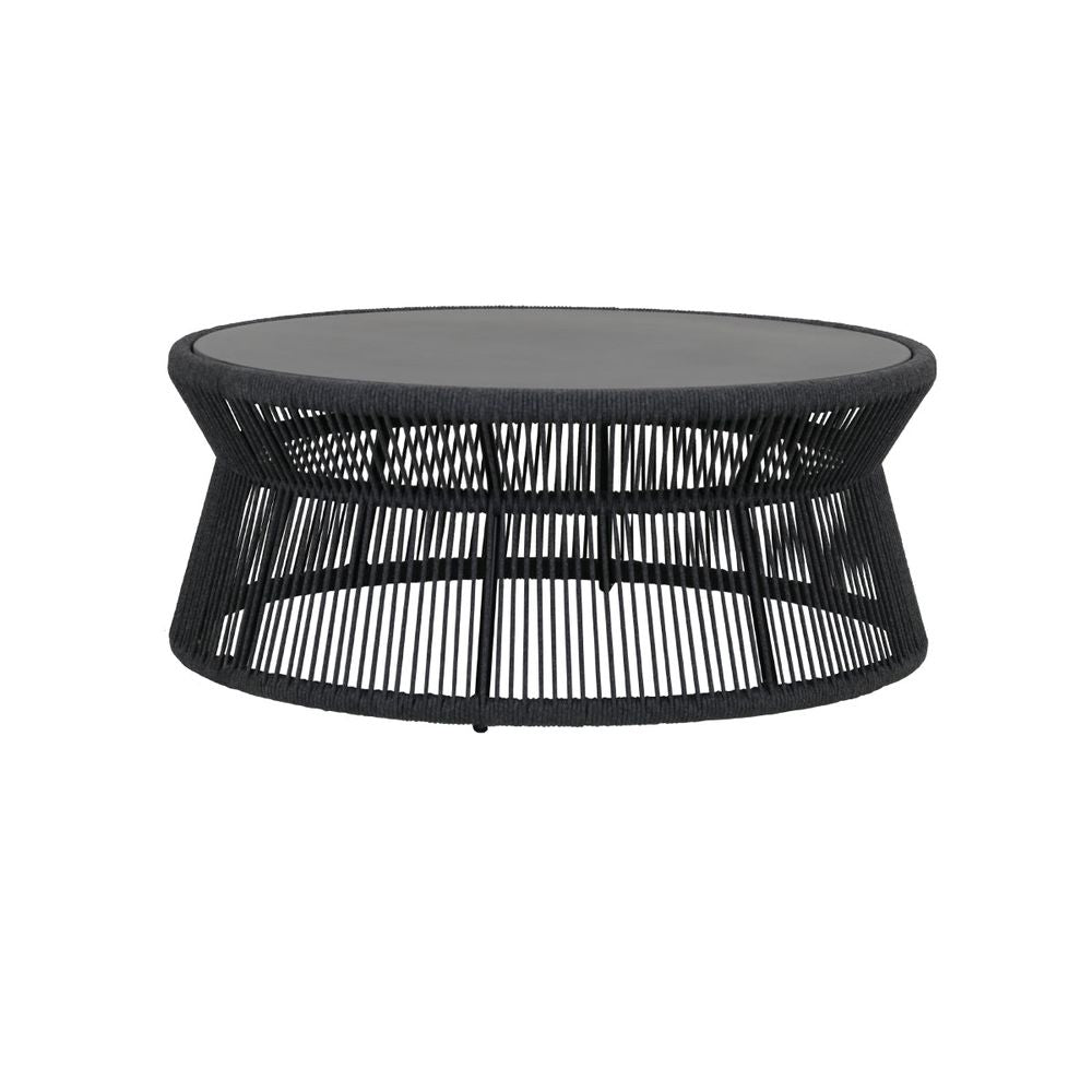 Milano Outdoor Coffee Table w/ 40" Round Honed Absolute Granite Insert Top in charcoal gray and black.