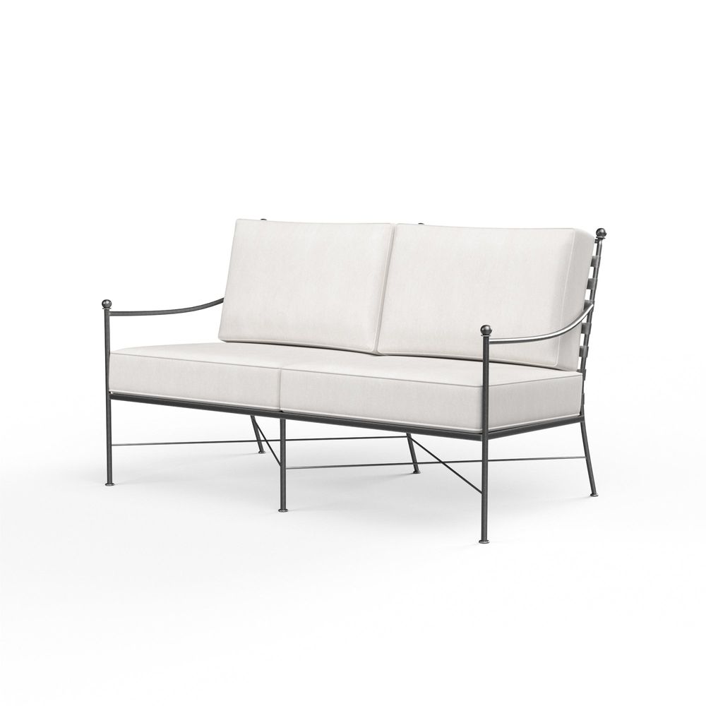 Provence Loveseat in Canvas Flax w/ Self Welt, shown in off-white and dark grey with metal, fabric, and removable cushions.