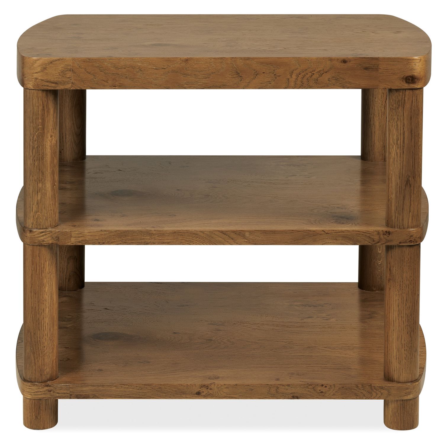 Alternate view of Melange Romano End Table, featuring clear protective topcoat, wood, oak, and three-tier open shelving.