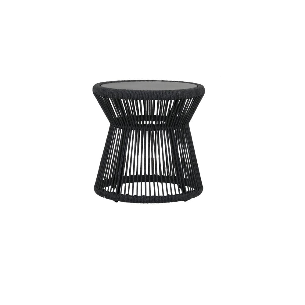 Milano End Table w/ 20" Honed Absolute Granite Insert Top, shown in black and charcoal with woven rope and granite.