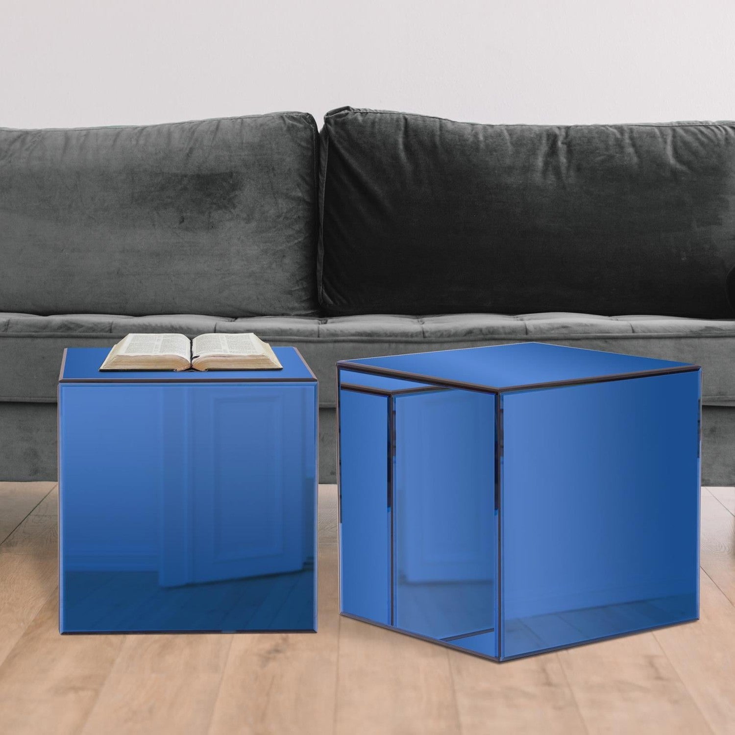 Blue Mirrored Cube Table-The Howard Elliott Collection-HOWARD-48014-Coffee Tables-2-France and Son