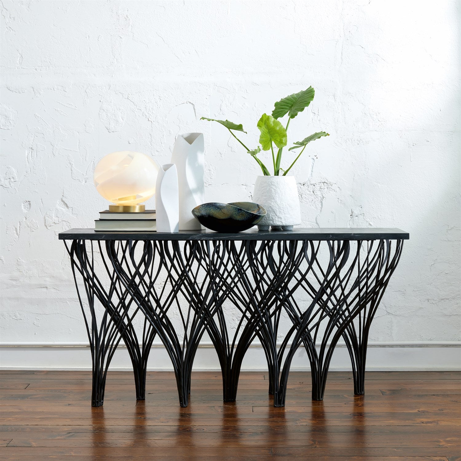 Vector Console - Natural Iron w/Black Marine Leather Marble-Global Views-GVSA-7.91657-Console Tables-2-France and Son