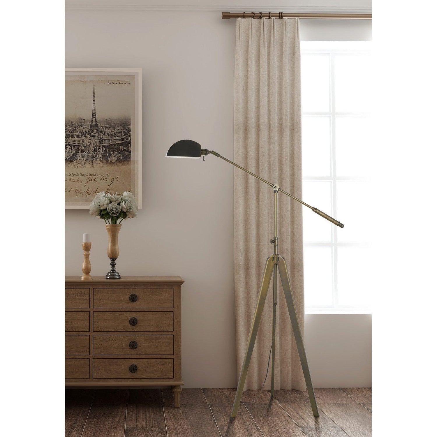 60W Cuero On Off Metal Tripod Balanced Arm Floor Lamp With Adjustable Height-Cal Lighting-CAL-BO-2832FL-AGB-Floor Lamps-2-France and Son